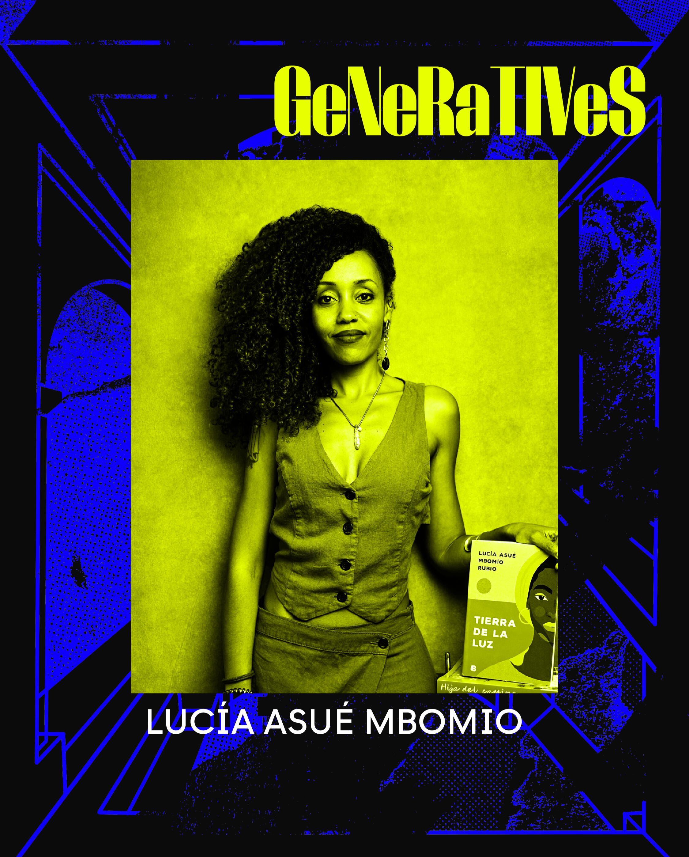 Lucía Asué Mbomio Cartel de lucía Asúe Mbomio sujetando su libro: Tierra de la luz